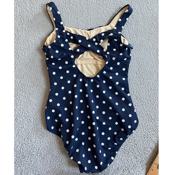 Lands End One Piece Swimsuit 8 Medium Polka Dot Twist Crossback Blue Classic - Picture 2 of 14